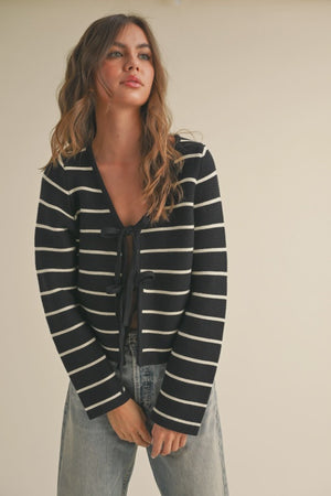 STRIPED TIED FRONT CARDIGAN