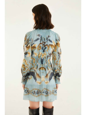 SNAKE GARDEN BLUE LONG SLEEVE MINI DRESS