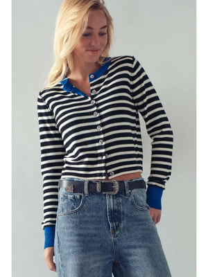 STRIPED KNIT BUTTON UP CARDI