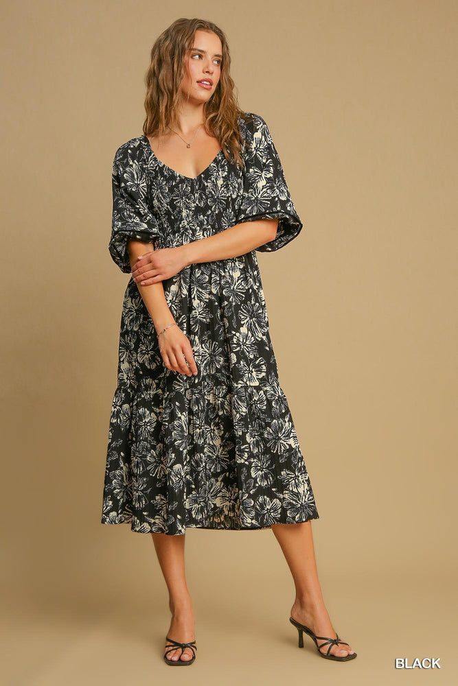 BLACK\CRM FLORAL MIDI DRESS C4009