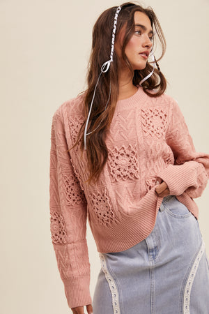 FLORAL CROCHET EMB CHECKER KNIT SWEATER