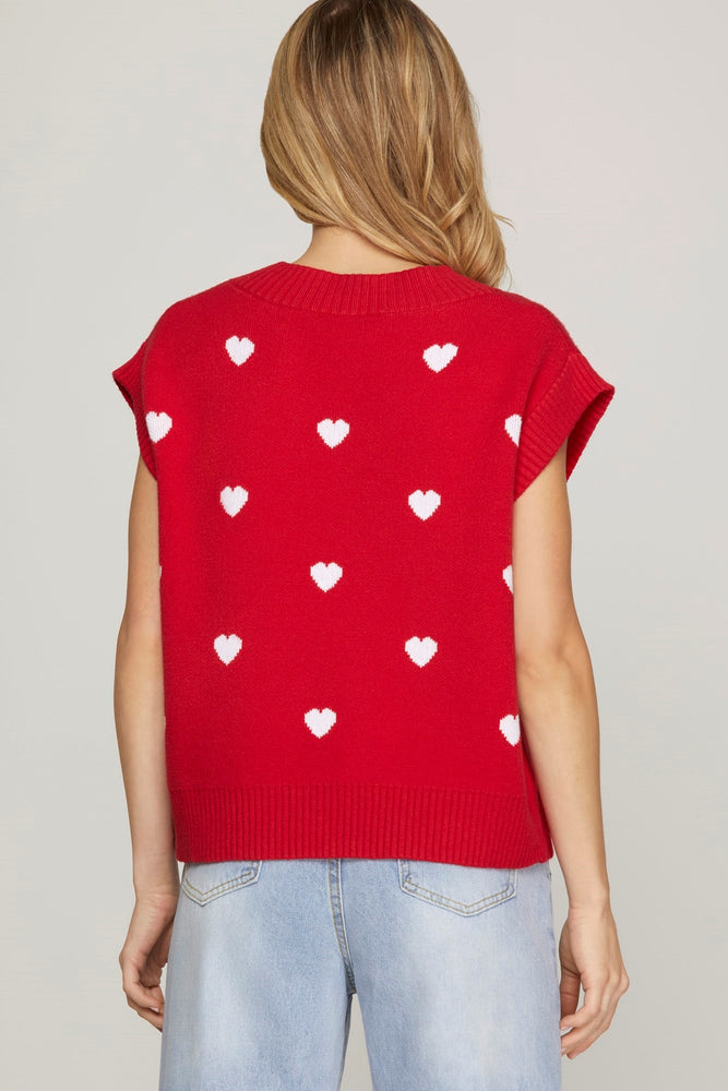 VNECK HEART PATTERN KNIT SWEATER