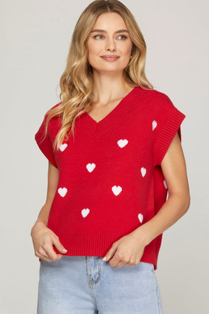 VNECK HEART PATTERN KNIT SWEATER