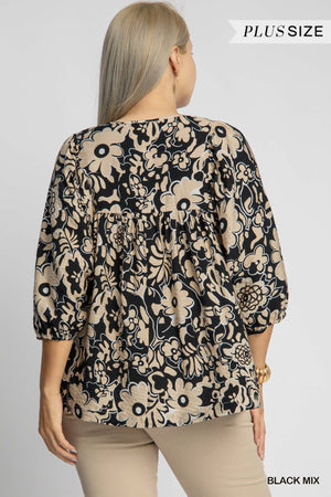 PLUS SIZE BLACK FLORAL LS TOP