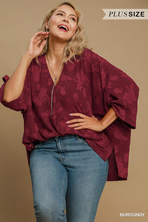 PLUS SIZE BURGUNDY ROLL SLV TOP