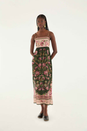 FLOWERING GARDEN TREE GREEN SLEEVELESS MIDI DRESS