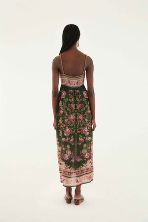 FLOWERING GARDEN TREE GREEN SLEEVELESS MIDI DRESS