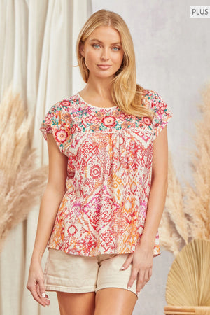 PLUS SIZE MULTI EMBROIDERED BABYDOLL PRINTED TOP